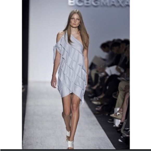 BCBG Women's Mini Dress Tiered Layered Ruffle One Shoulder Tie Sleeve Pale blue - Picture 16 of 16